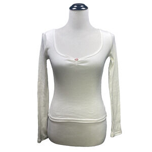 Aéropostale Seriously Soft W XS Cinch-Front Ribbed Tee Y2K Scoop Long Slv White